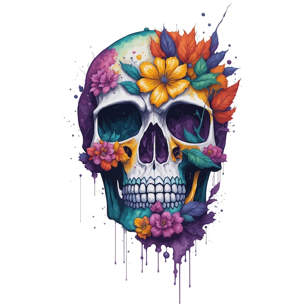 A colorful skull with flowers and leaves.