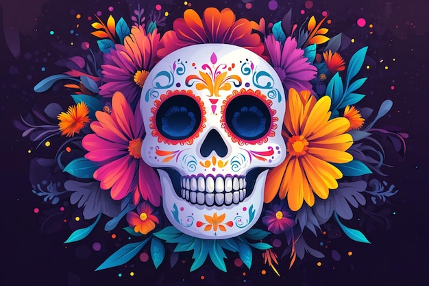 a colorful skull with flowers and a skull on it