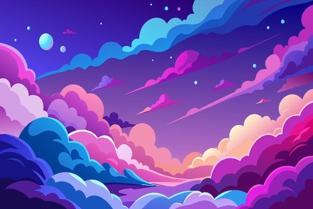 A colorful sky with clouds and a few stars