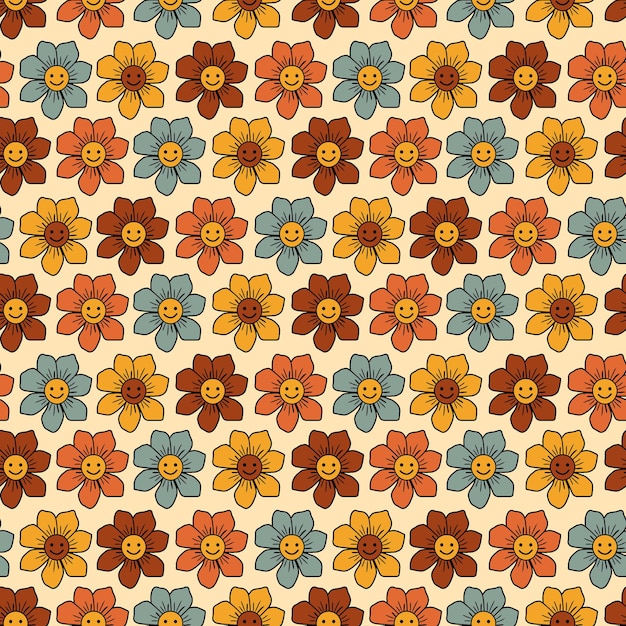 colorful smiling floral retro seamless pattern