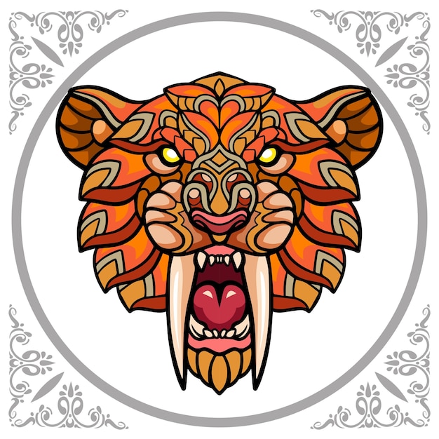 Colorful smilodon head zentangle arts isolated on white background