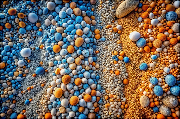 Vector colorful smooth round sea pebbles and various stones closeup texture pattern pebble texture