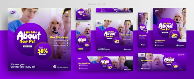 Colorful Social media pet care posts set and all web ads banner