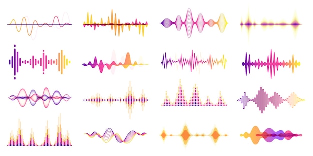 Colorful sound waves audio frequency graph voice wave radio signal frequency equalizer vector set