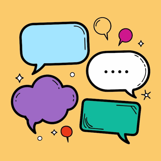 Colorful Speech Bubbles with Black Outlines on a Yellow Background