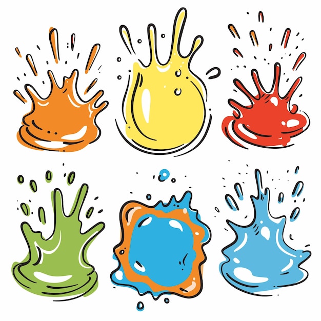 Colorful splashes set cartoon style isolated white background Vibrant liquid splatter collection