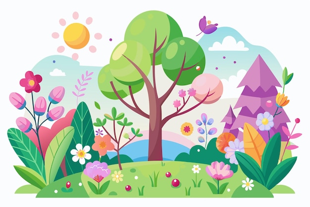 Vector colorful spring landscape with flowers and a tree