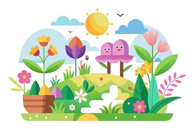 Vector colorful springtime landscape with flowers birds and a sun