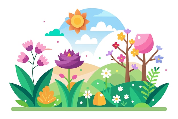 Vector colorful springtime landscape with sun flowers and trees