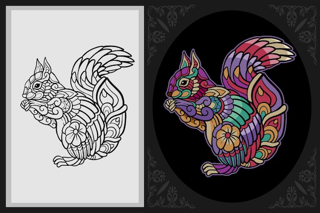 Colorful squirrel zentangle art with black line sketch isolated on black and white background