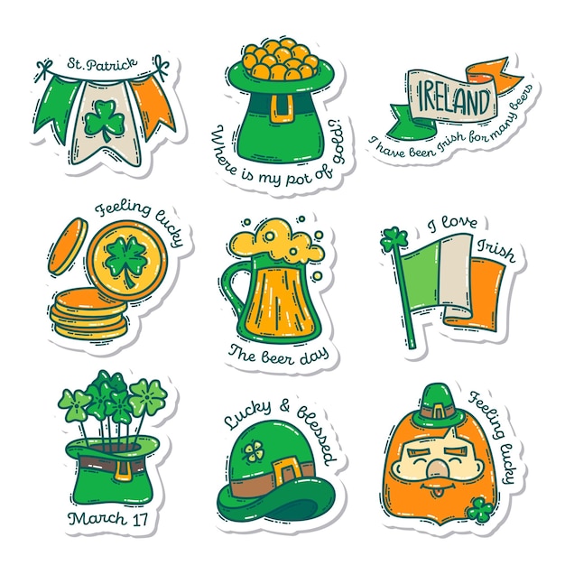 Colorful St Patrick's Day doodle style handdrawn sticker with lettering Cute Irish holiday symbols and elements collection