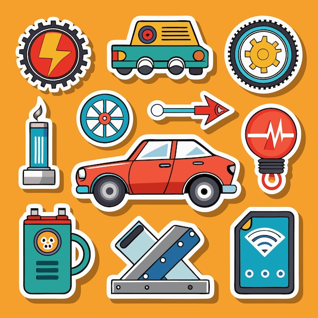 Colorful sticker icons with different images about cars and technology