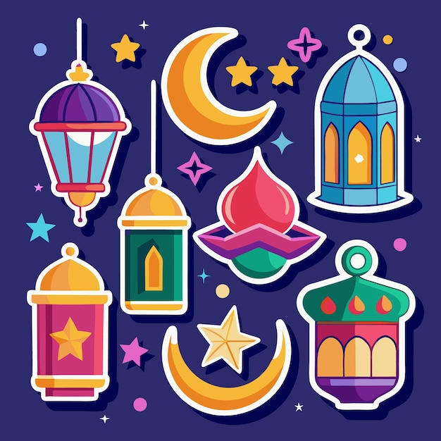 Colorful sticker set of crescent moons stars and lanterns on a dark blue background