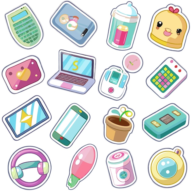 Vector colorful sticker set of various objects including a calculator a smartphone a laptop a potted plant and more