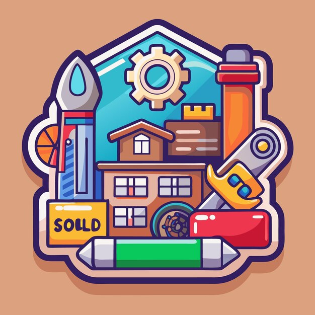 Colorful sticker with house gear and wrench