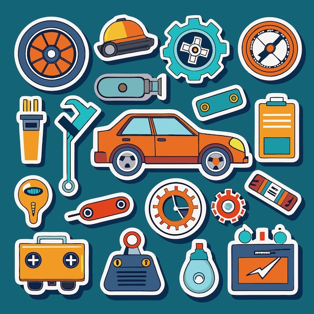 Colorful Stickers of Auto Parts Tools and Equipment