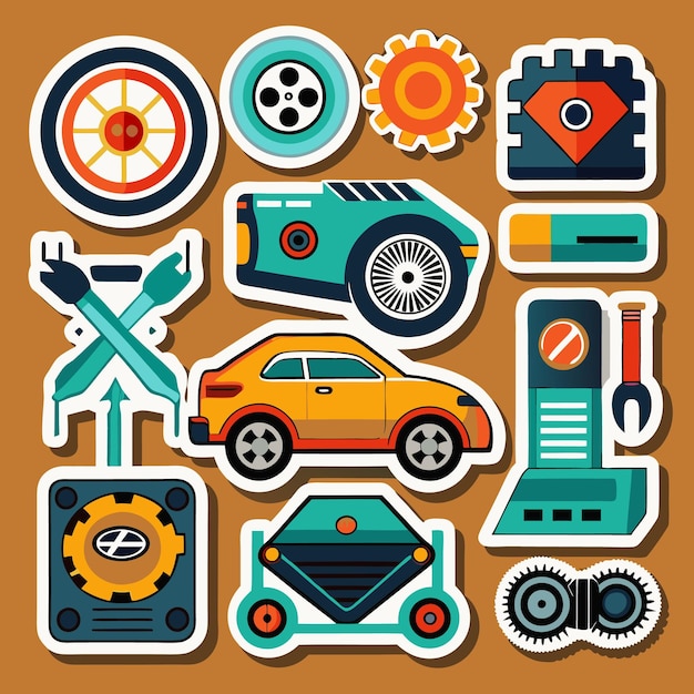 Vector colorful stickers of automotive parts and tools