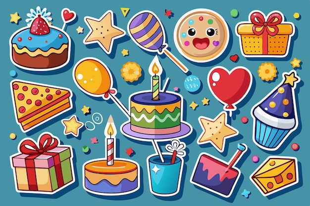 Vector colorful stickers of birthday party elements