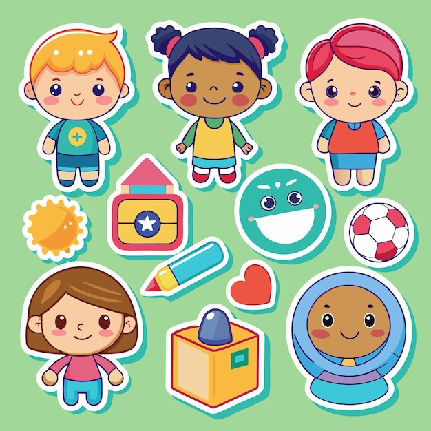 Colorful Stickers of Cute Cartoon Children Toys and Objects