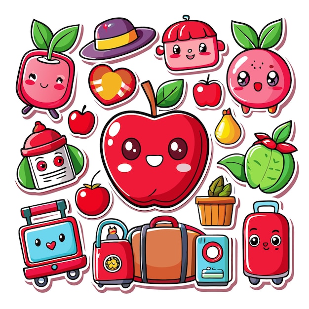 Colorful stickers featuring fruits bags and playful characters