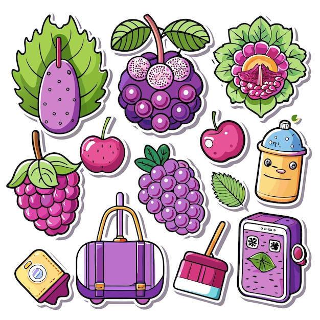 Vector colorful stickers featuring fruits drinks and a bag design