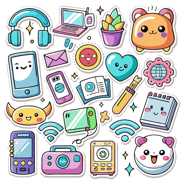 Colorful stickers featuring technology cute animals and plants