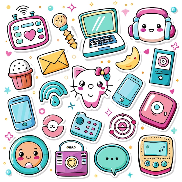 Colorful stickers featuring technology music and cute animals