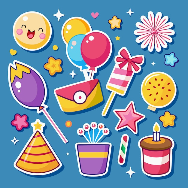 Vector colorful stickers of party items on a blue background