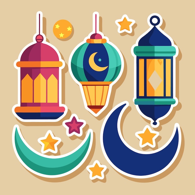 Colorful Stickers of Ramadan Lanterns Moons and Stars