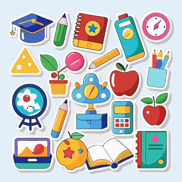 Vector colorful stickers of school supplies and education elements