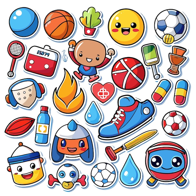 Vector colorful stickers of sports and playful items for fun activities