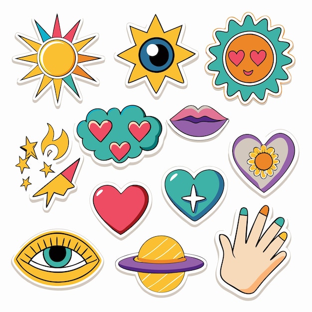 Vector colorful stickers sun eye heart cloud lips rocket planet hand