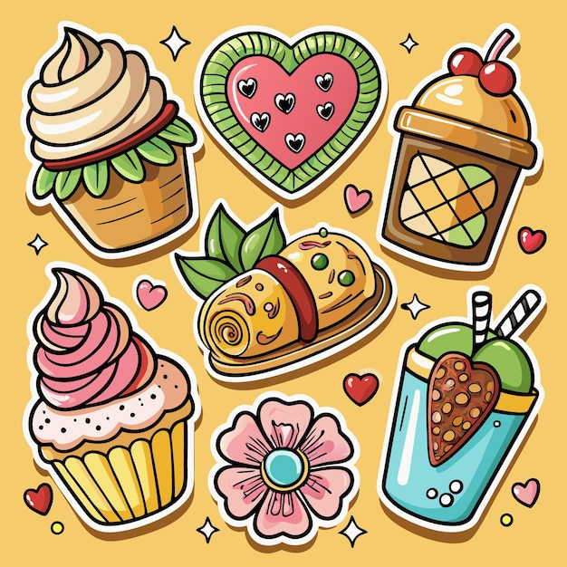 Colorful Stickers of Sweet Treats and Heart Shaped Decor