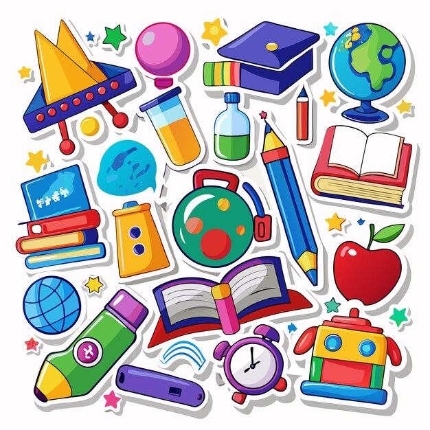 Vector colorful stickers of various school supplies toys and learning objects