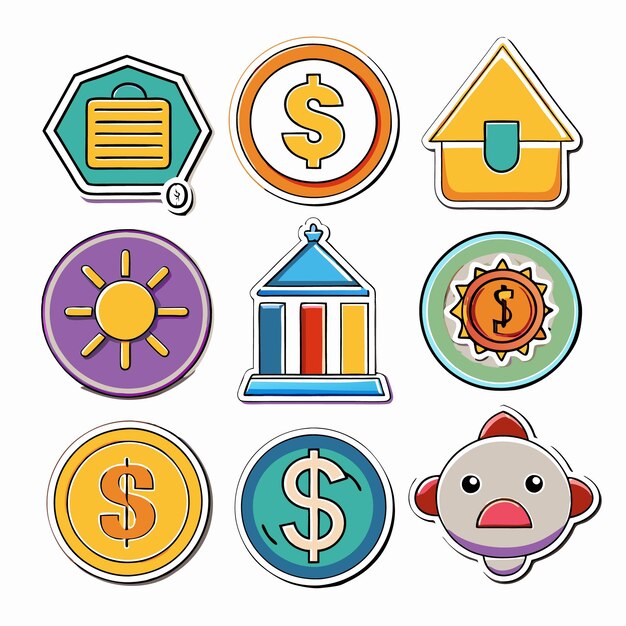 Vector colorful stickers with dollar signs sun and buildings finance money icon set