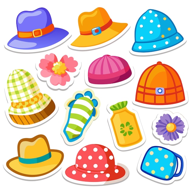 Vector colorful stickers with hats flowers and striped objects