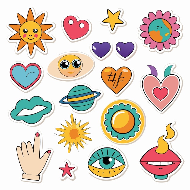 Vector colorful stickers with hearts suns and stars cute quirky and fun