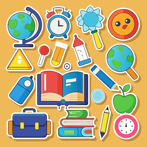 Colorful stickers with school supplies an apple and a clock