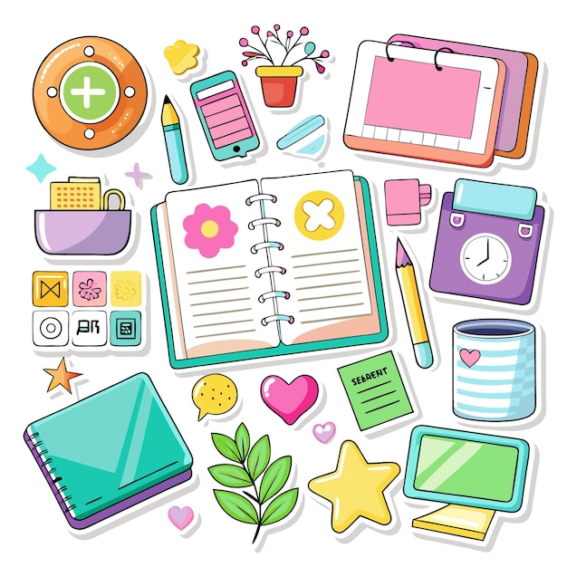 Vector colorful stickers with school supplies a flower and hearts