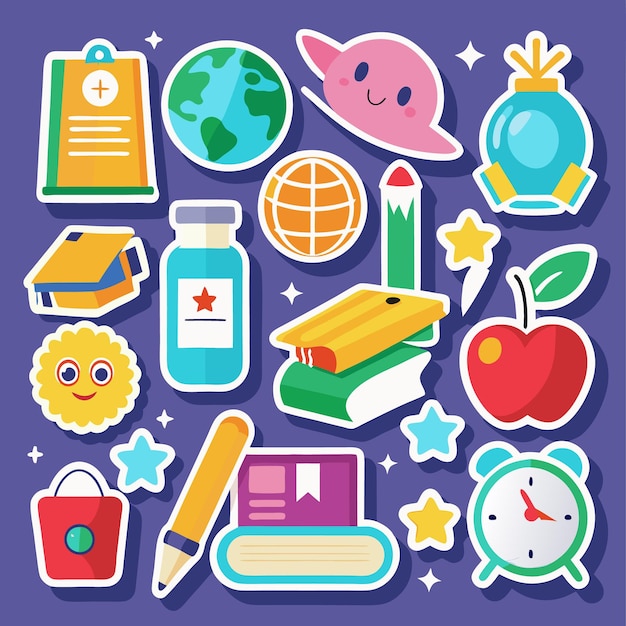 Colorful stickers with school supplies planets and a clock