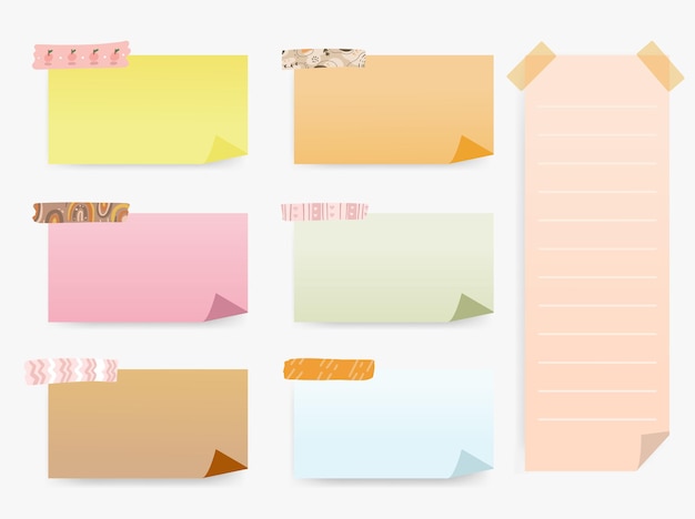 Colorful sticky notes memo with washi tape. Sheet note paper collection for bullet journal.