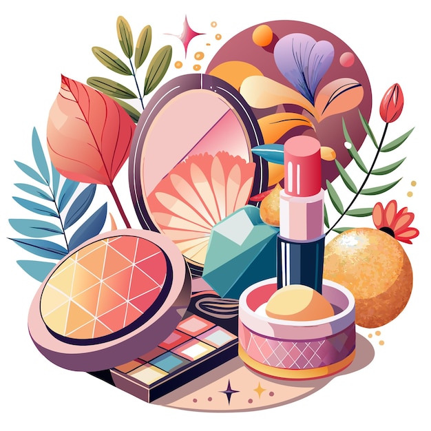 A colorful still life of makeup products with a mirror a lipstick eyeshadow palette powder and cream surrounded by leaves and abstract shapes