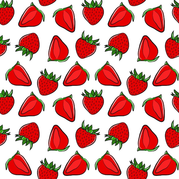 Colorful strawberry seamless pattern isolated on white background Doodle vector fabric print template with red berries Hand drawn juicy fruit package design