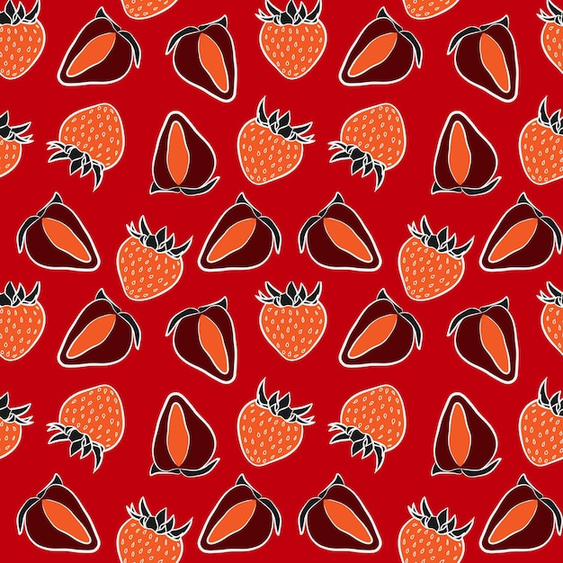 Colorful strawberry seamless pattern isolated on white background Doodle vector fabric print template with red berries Hand drawn juicy fruit package design