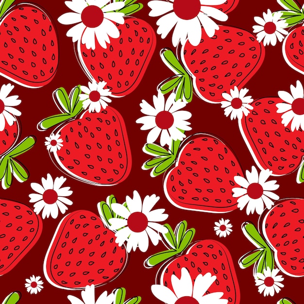 Colorful strawberry seamless pattern with fruits and flowers Doodle vector fabric print template with red berries Hand drawn juicy package design