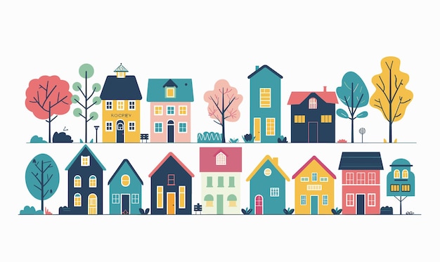 Colorful suburban neighborhood illustration various house designs stylized trees Quaint village