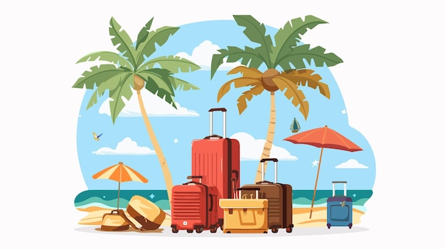 Vector colorful suitcase bags and luggage with palm trees and umbrella