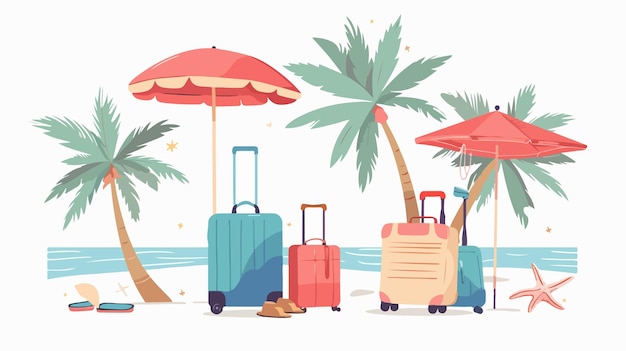 Vector colorful suitcase bags and luggage with palm trees and umbrella