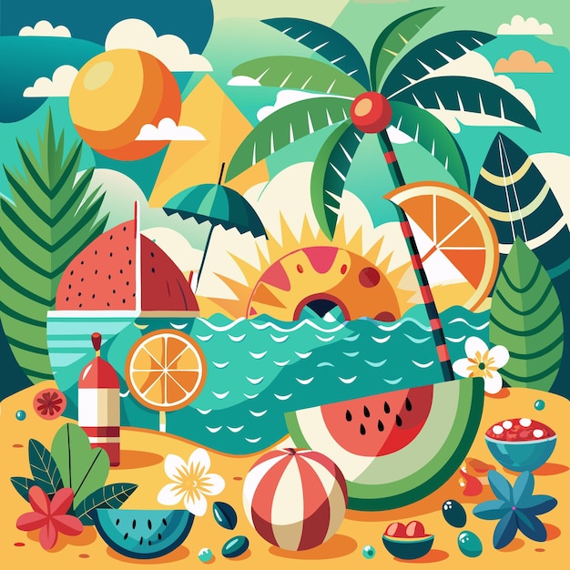 Colorful Summer Beach Scene with Palm Trees Watermelon and Flowers