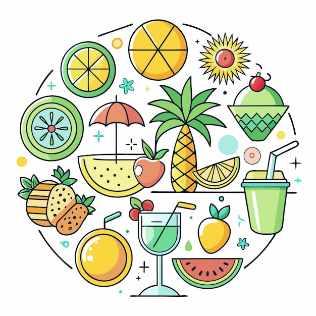 Colorful summer fruit and drinks circle design